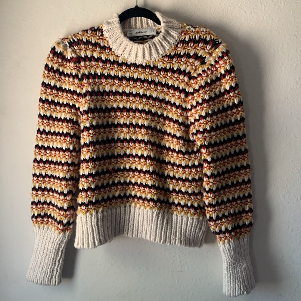 Zara Chunky Knit Puff Sleeve Mock Neck Sweater in Multi Color Size Small